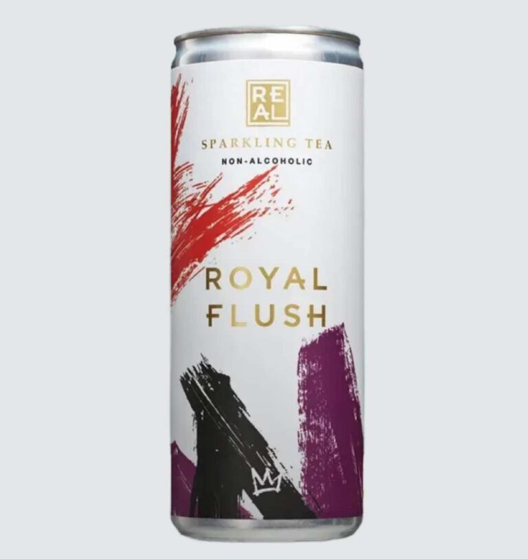 Can of REAL non alcoholic sparkling tea on a pale grey background