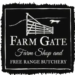 The logo for the Farm Gate Farm Shop in North Yorkshire. It is black with a white farm gate on it and the shop's title.