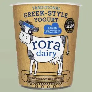 rora greek natural yoghurt carton on pale green background