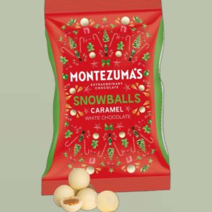 Montezuma Chocolate Snowballs on a pale green background