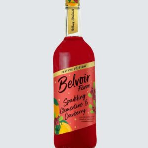 Belvoir Sparkling Clementine & Cranberry drink in a glass bottle on a pale grey background