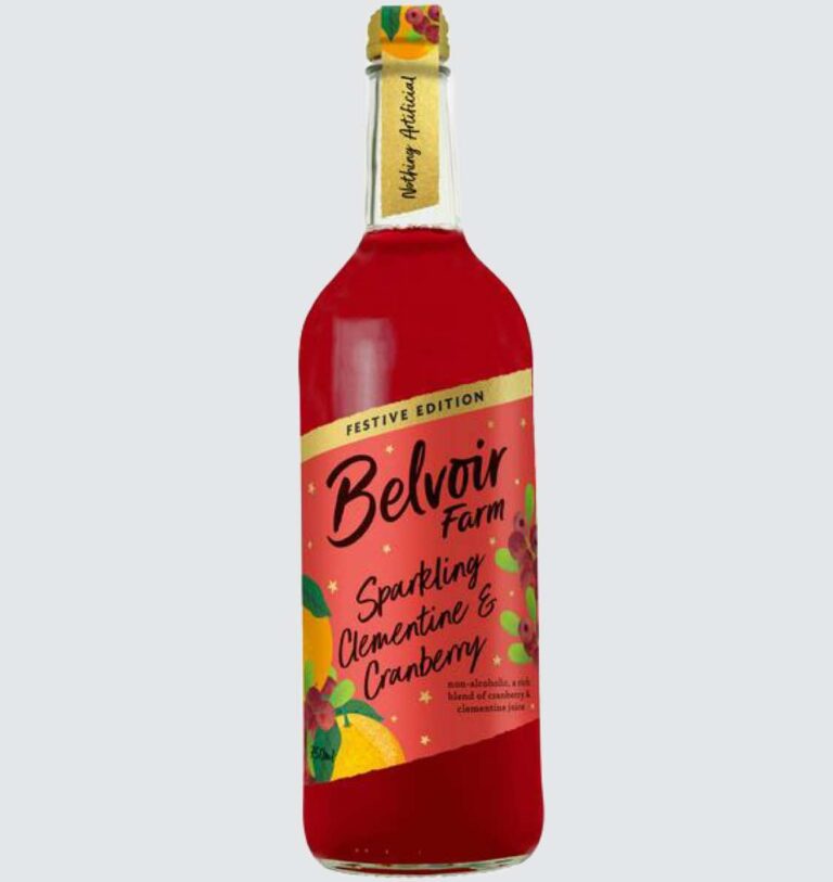 Belvoir Sparkling Clementine & Cranberry drink in a glass bottle on a pale grey background