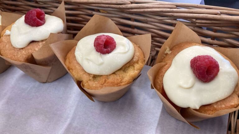 photograph of raspberry and white chocolate muffin with tulip case.